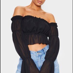 NWT PrettyLittleThing | Black Woven Ruffle Bardot Flared Sleeve Blouse Size 8